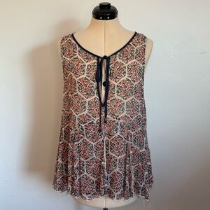 Free People Boho Honeycomb Keyhole Tie-Front Tank Top w/ Panel Slit Details, M